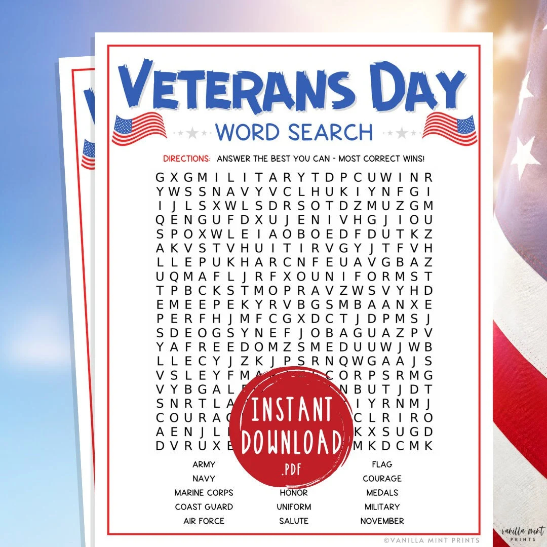 Veterans Day Word Search Game Printable Veterans Day Party Games America USA Patriotic Classroom Games U S Military Veteran Etsy
