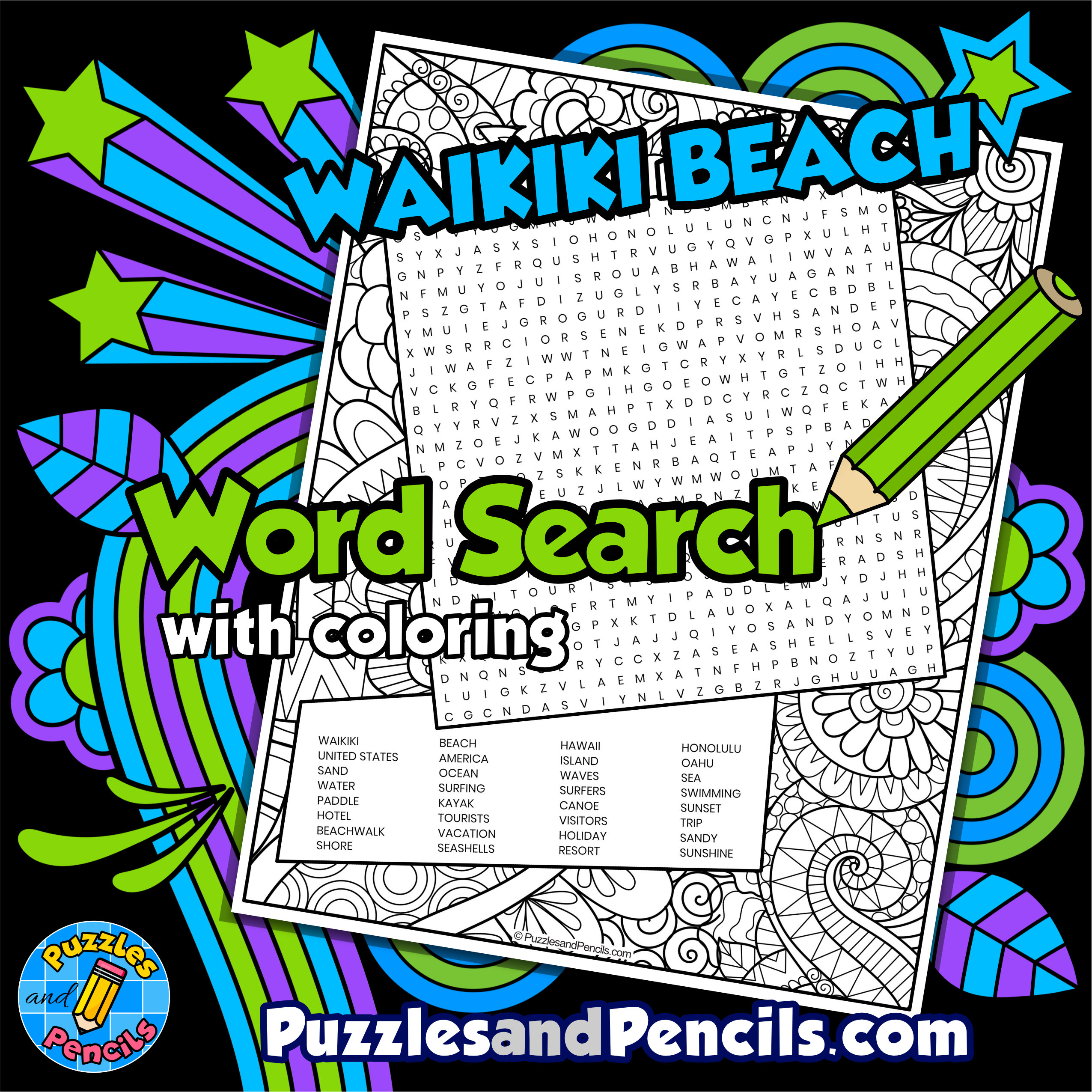 Waikiki Beach Word Search Puzzle With Coloring US Tourist Attractions Wordsearch Made By Teachers