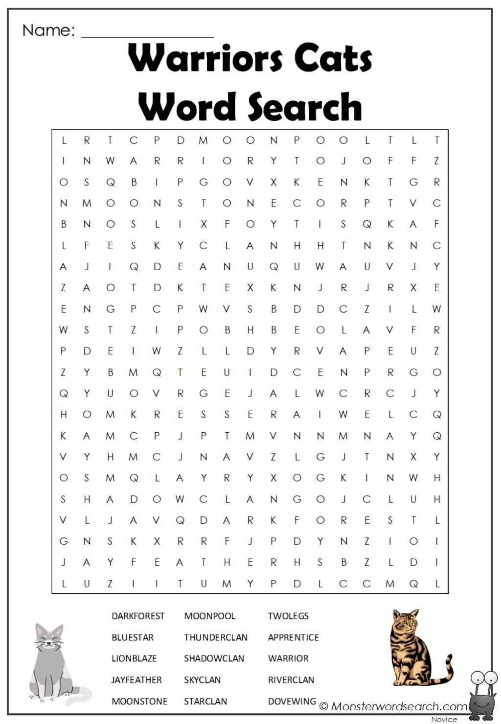 Warriors Cats Word Search Monster Word Search