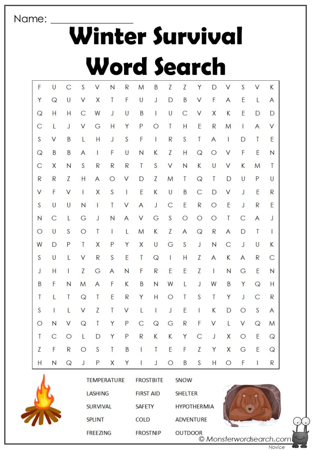 winter survival word search monster word search