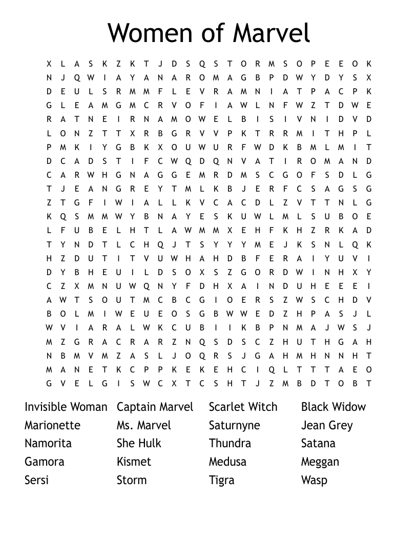 Women Of Marvel Word Search WordMint