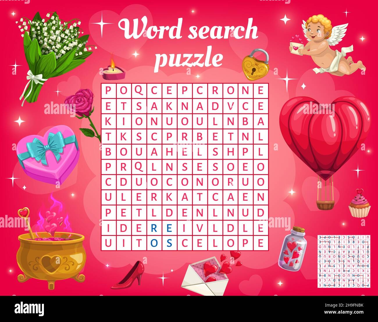 Word Search Puzzle Game Vector Worksheet With Valentine Holiday Cupid Hearts And Gift Cupcake Flowers Magic Potion Pot And Hot Air Balloon Kids Q Stock Vector Image U0026 Art Alamy