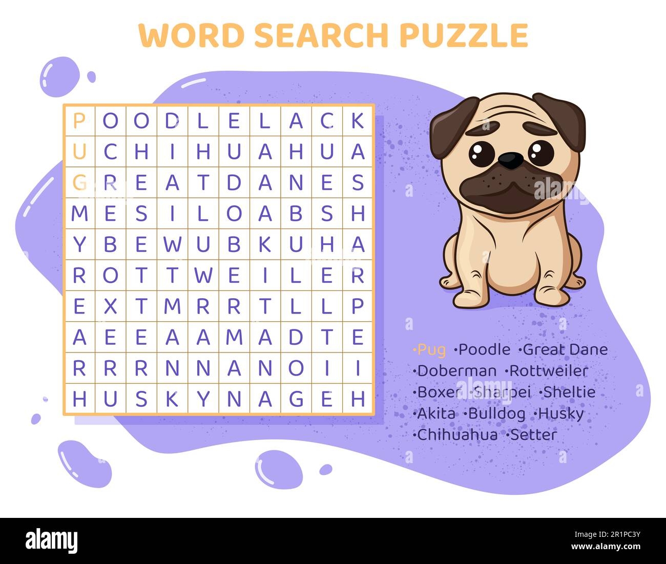 Word Search Puzzle With Various Dog Breeds Stock Vector Image Art Alamy