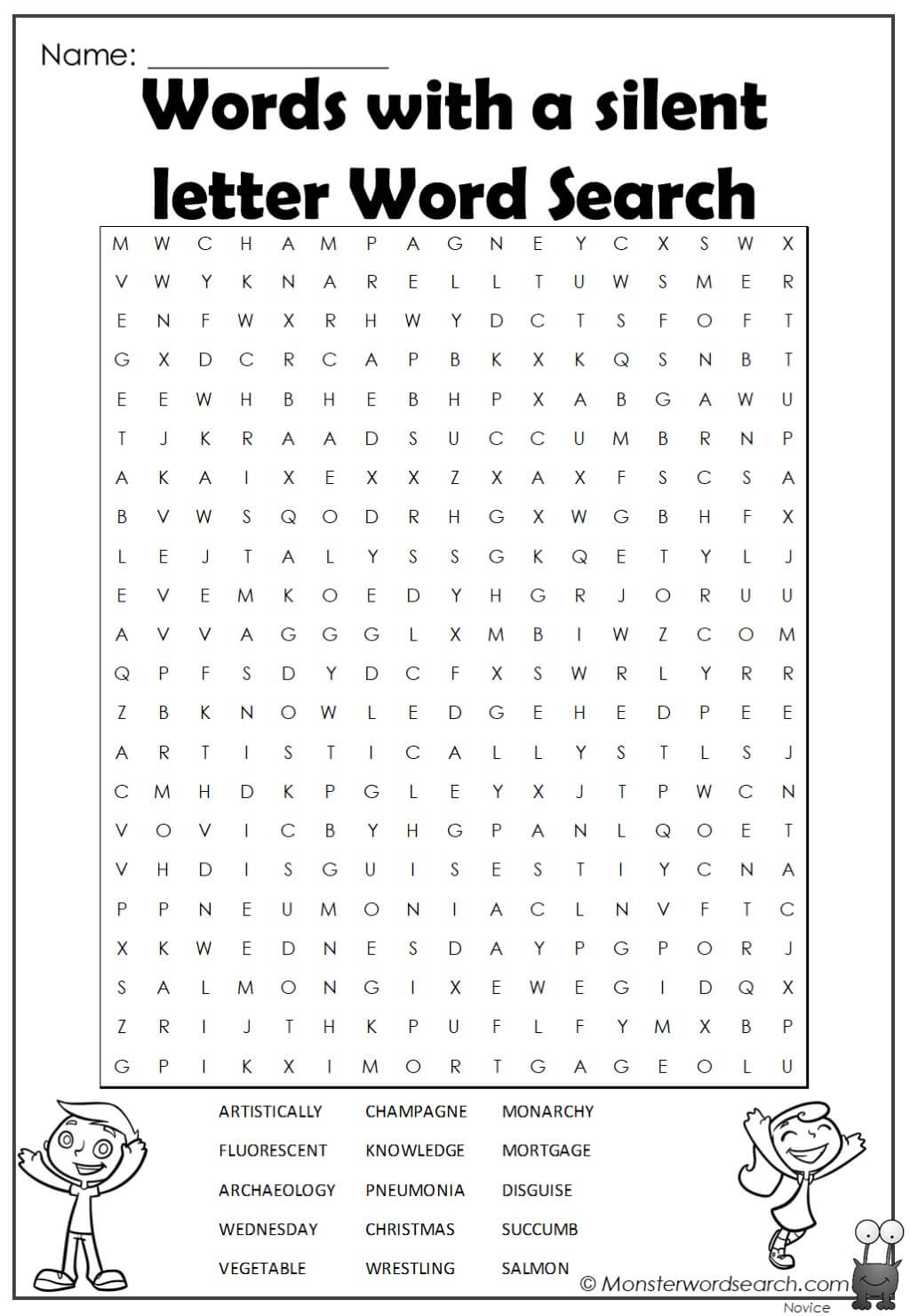 words with a silent letter word search monster word search