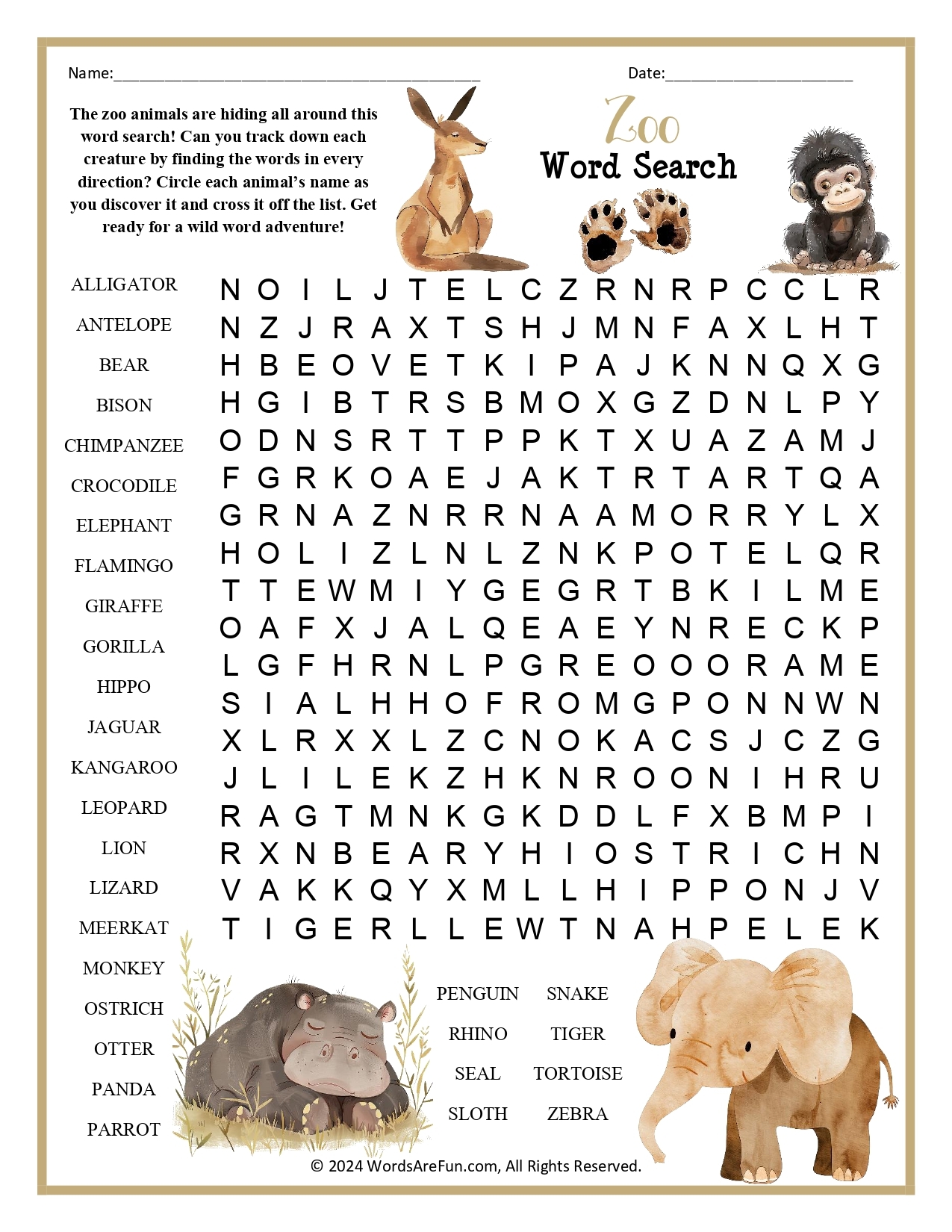 Zoo Animals Word Search Printable